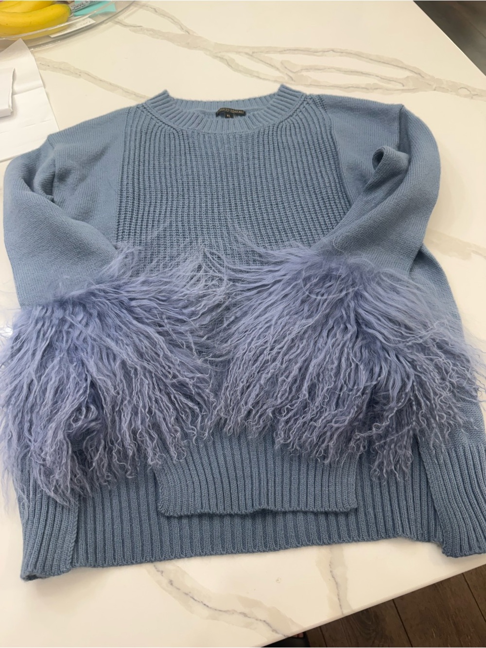 Periwinkle Blue Feather-Trim Crewneck Sweater